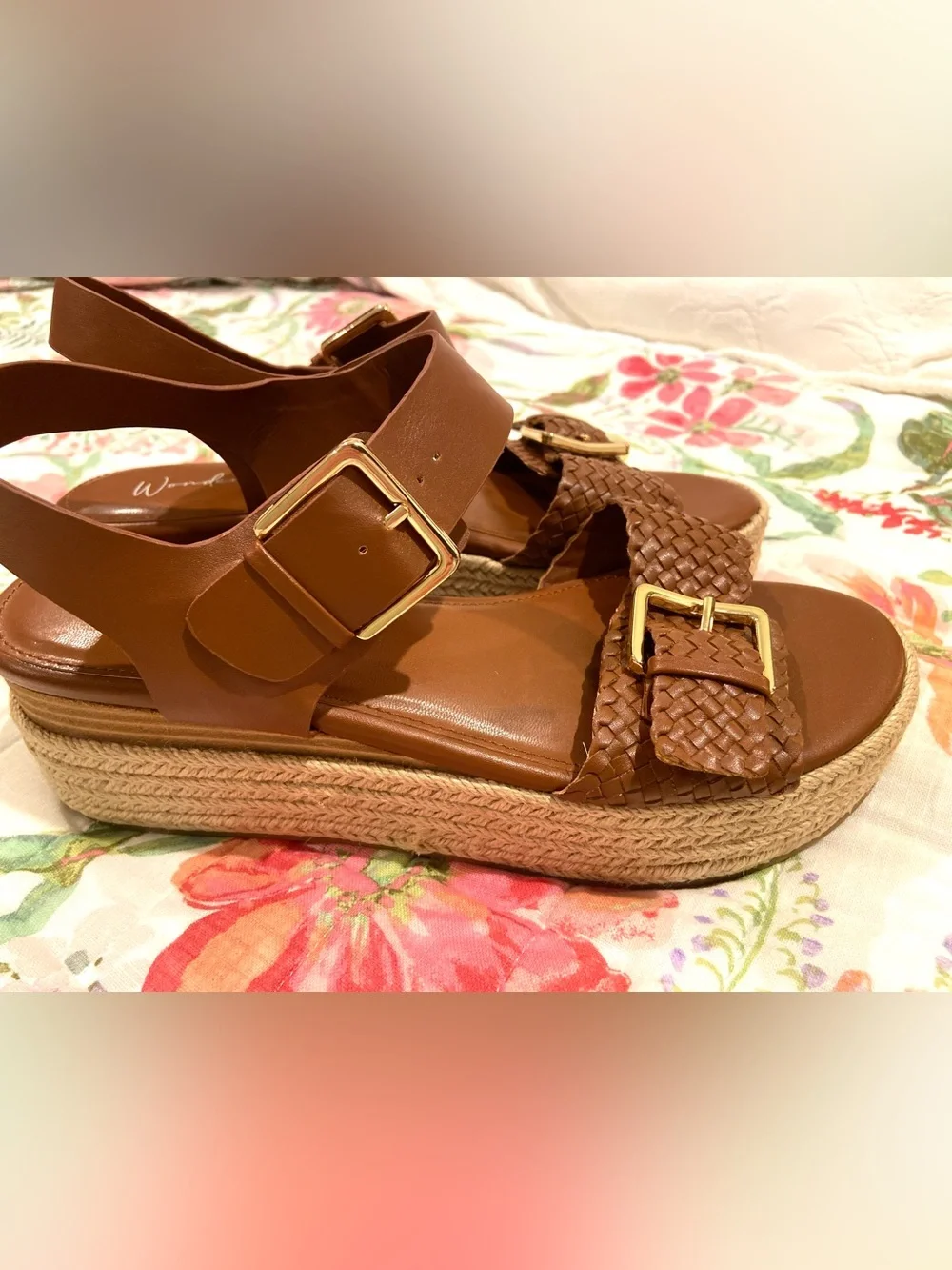 Wonderly Emilia Braided Platform Wedge Sandals with Gold Buckles